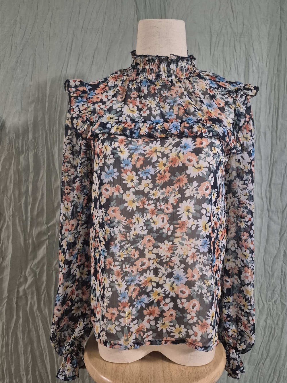 SHEIN Black Floral Ruffle High-Neck Blouse